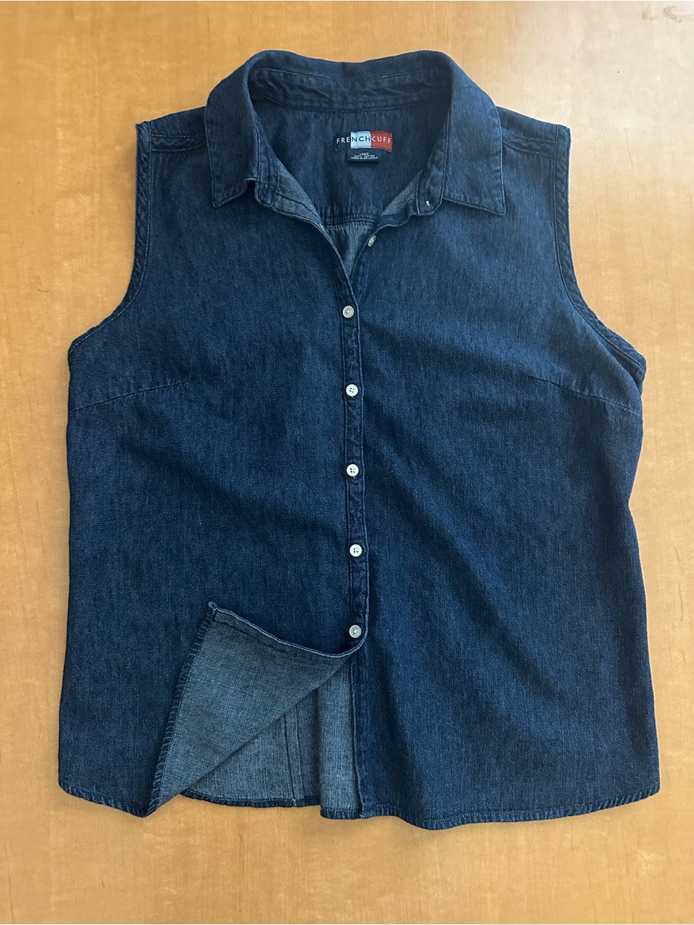 French Kuff Dark Wash Denim Sleeveless Button-Down Shirt Scalloped Hem Top